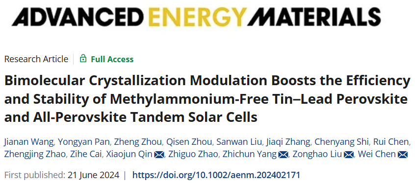 团队最新AEM:双分子结晶调节提高无MA锡铅混合钙钛矿和全钙钛矿串联叠层太阳能电池的效率和稳定性-华科陈炜-刘宗豪老师课题组